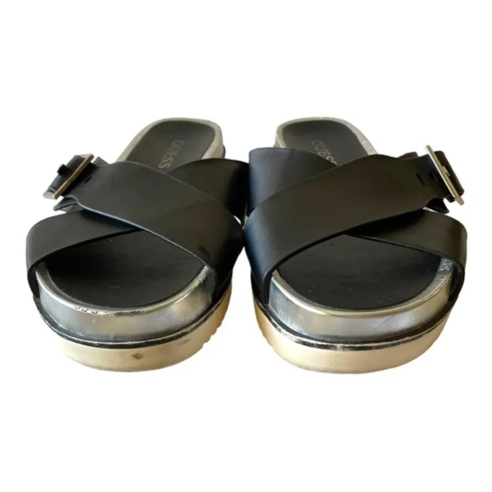 GUESS Women's Slip-on Deana Black, Sliver & White Leather Buckel Sandel Sz 9.5